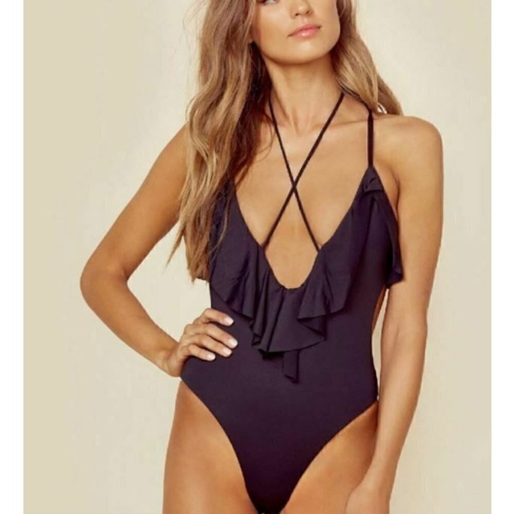 New Blue Life Ruffled Romance Swimsuit Small Black